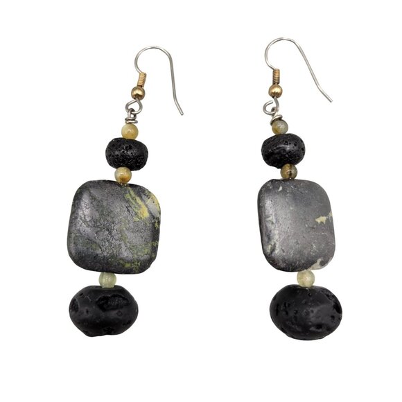 Black Lava Rock Green Tree Agate Dangle Earrings Fish Hook Closure Handmade - Picture 1 of 6